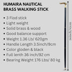 Humaira Nautical Victorian Brass Walking Stick Cane Brass Handle with Black Wooden Cane (3 Fold Wooden Walking Cane),36 Inch