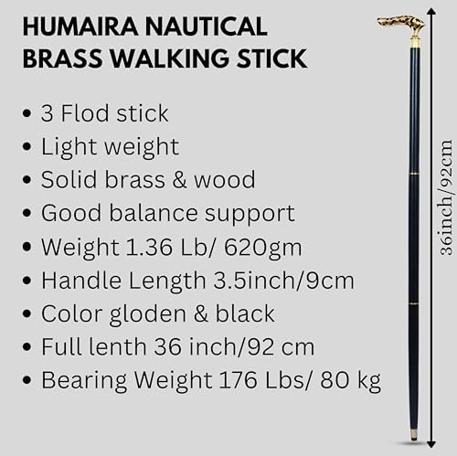 Humaira Nautical Victorian Brass Walking Stick Cane Brass Handle with Black Wooden Cane (3 Fold Wooden Walking Cane),36 Inch