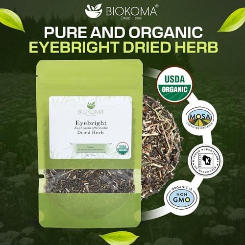 Biokoma Organic Eyebright Dried Herb 1.76oz Euphrasia Officinalis Loose Herbal Tea USDA Organic Herbal Tea - Resealable Moisture Proof Pouch, No Additives, No Preservatives, Non GMO, Kosher