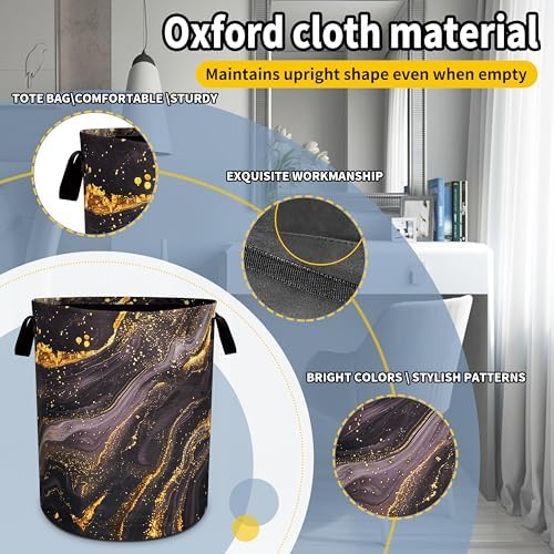 Black Gold Marble Laundry Basket Beautiful Pattern Foldable Oxford Cloth Funny Tote Bag Laundry Hamper Clothes Storage Bucket Toy Organizer For Bathroom/Laundry Storage/Bedroom 18.9x16.5 inch