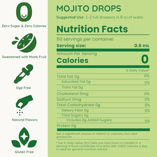 Allways Drops Natural Mojito Mocktail Drops | Sugar-Free, Zero Calories, Monk Fruit Sweetened | Glass Bottle for On-the-Go Hydration | Kids & Adults | 50 Servings