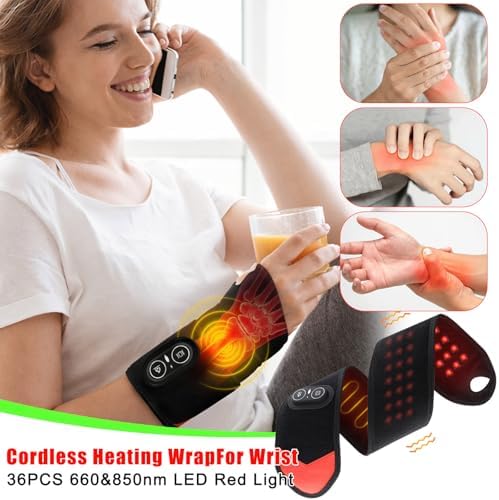 Red Light Therapy for Wrist, Carpal Tunnel Support Device with Heat Vibration, Wrist Massager with 36 LED 660nm/850nm, Cordless Heating Pad Wrap, 3000mAh Rechargeable for Hand Comfort Daily Relaxation