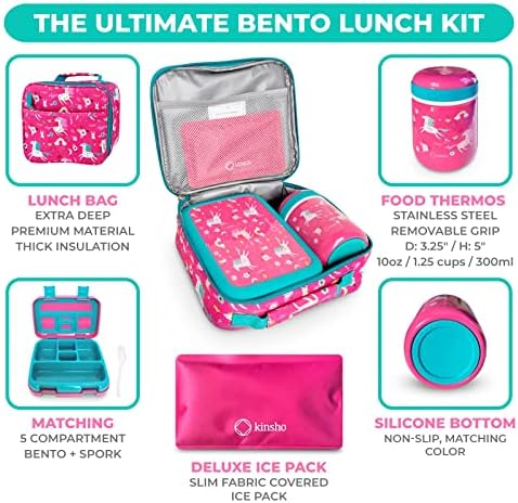 Bento Box With Lunch Bag, Insulated Stainless Steel Thermo For Hot-Cold Food Or Soup, Ice Pack Set For Kids Girls Toddlers Snacks For Daycare, Ages 3 To 7, Pink Unicorn