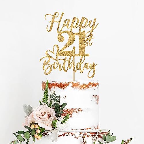 Gold Glitter Happy Birthday Cake Topper, Funny 21st Birthday Party Supplies
