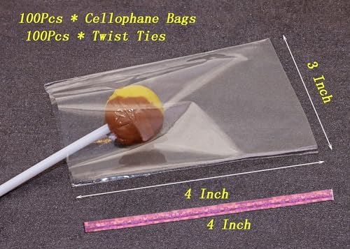 Mini Skater CakePop Bags Pack of 100 Clear Cellophane Treat Gift Bag with Pink Twist Ties for Making Candy Cookies Chocolates Wedding Christmas Bridal Shower Birthday Party Favors (3x4 Inch)