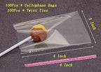 Mini Skater CakePop Bags Pack of 100 Clear Cellophane Treat Gift Bag with Pink Twist Ties for Making Candy Cookies Chocolates Wedding Christmas Bridal Shower Birthday Party Favors (3x4 Inch)