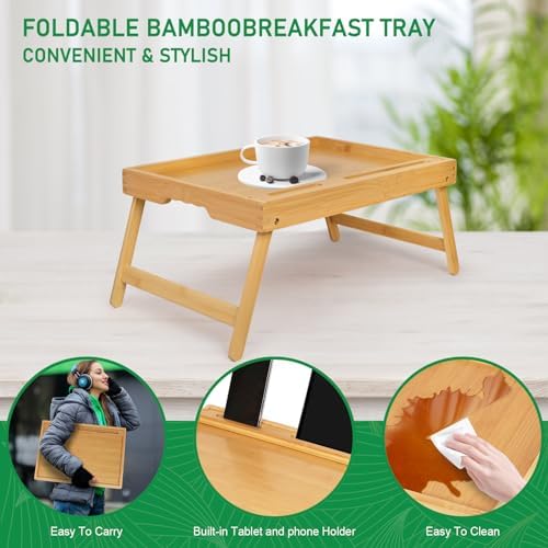 Artmeer Bed Tray Table with Folding Legs, Bamboo Breakfast Food Tray with Media Slot, Use As Platter, Laptop Desk, Snack, TV Tray Kitchen Serving Tray (Bamboo Large)