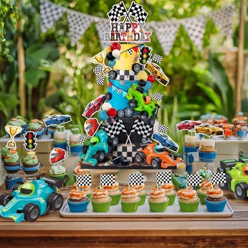 37PCS Race Car Cake Topper Racing Cake Decorations Decor Race Flags Cakes Ornament Colorful Cakes Decoration for Birthday Parties