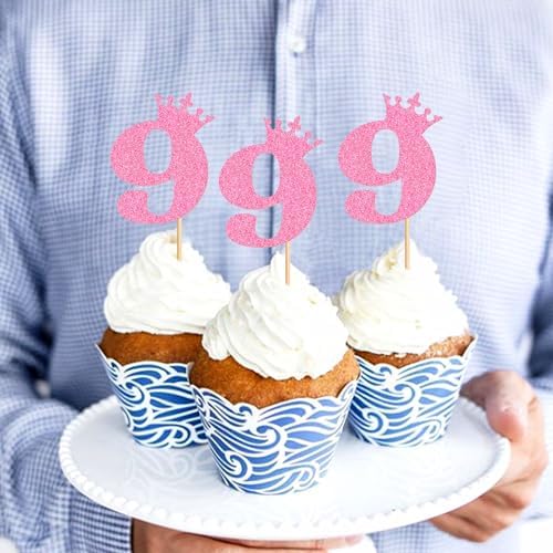 Ercadio 24Pcs Number 9 Cupcake Toppers 9th Birthday Cupcake Toppers Glitter Pink Crown Number 9 Cupcake Picks for Princess Girl 9th Birthday Baby Shower Anniversary Party Cake Supplies
