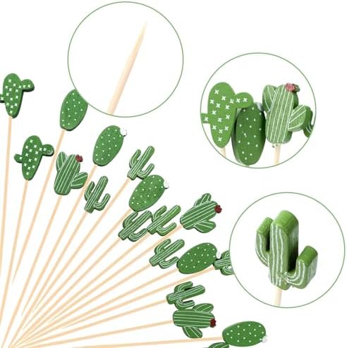 200Pcs Cactus Cocktail Picks for Appetizer Tropical Cacti Cocktail Picks 4.7 Inch Fancy Toothpicks for Food Drinks Fruits Hawaiian Party Food Garnish Skewer Sticks Cactus Party Decoration