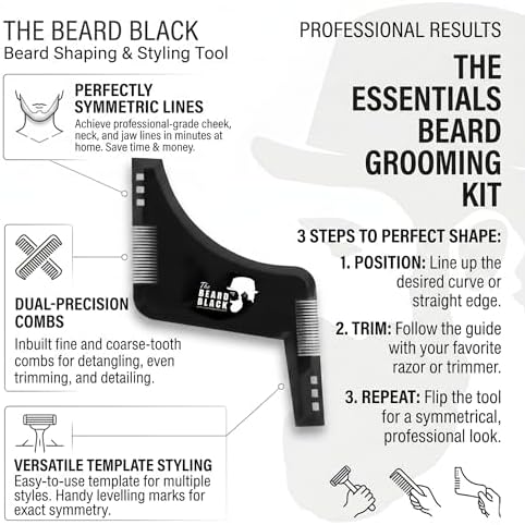 The BEARD BLACK Beard Shaping Tool & Neckline Shaper – Professional Beard Trim Guide & Stencil with Inbuilt Comb – Perfect Line Up & Edging Template for Men – Use with Trimmer or Razor
