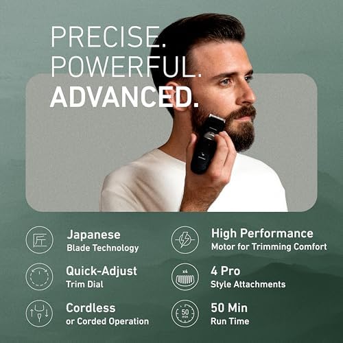 Panasonic Long Beard Trimmer for Men, 58 Length Settings and 4 Attachments to Cut and Detail, Corded or Cordless Beard Trimmer for Men – ER-GB96-K (Black)