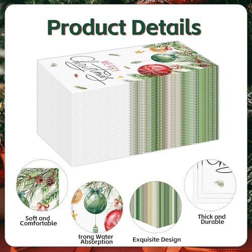100 PCS Christmas Paper Napkins, Disposable Xmas Ornament Bathroom Guest Hand Towels Holiday Dinner Napkins Decorative for Winter Kitchen Birthday Wedding Decoration (Christmas)