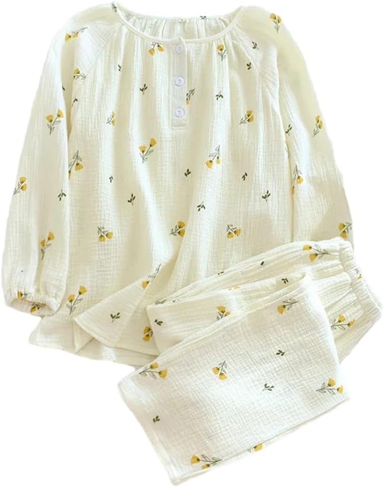REHJJDFD Women's Pajamas Long-Sleeved Trousers 2-Piece Cotton Crepe Pullover Home Service Suit