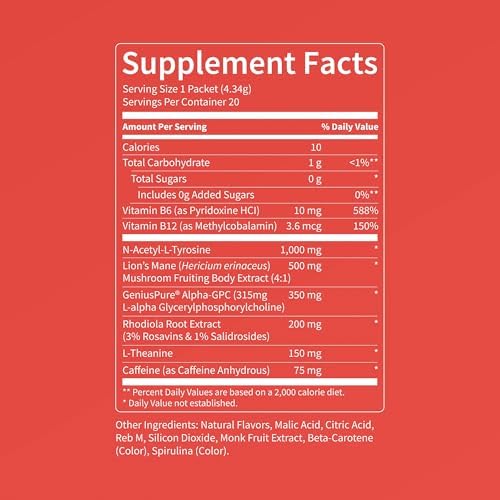 Nello Superfocus – Nootropic Focus Drink Mix for Productivity, Caffeine, L-Theanine, Rhodiola Rosea, Alpha-GPC, Lion’s Mane, Tyrosine, Sugar-Free Packets - With Caffeine (Pack of 20) (20 Servings (Caffeine), Apple Rush)