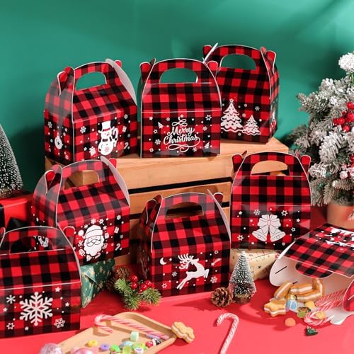 TaoBary 24 Pcs Christmas Cookie Boxes Xmas Plaid Candy Treat Boxes with Handles 3D Cardboard Christmas Gift Giving Bag with Vibrant Print for Party Gifts Candy Chocolate Treats Cookie Holiday Favor