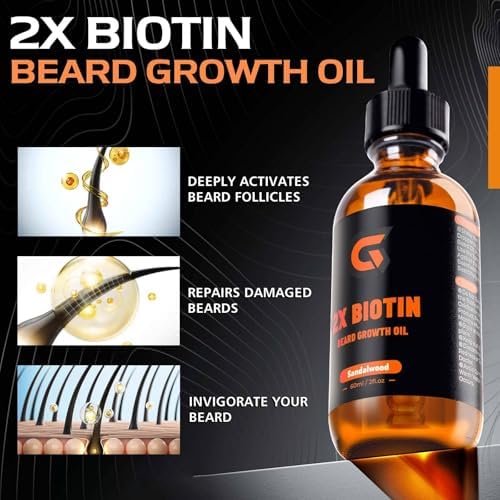 2X Biotin Beard Growth Oil for Men - Natural Organic Leave-in Conditioner & Softener - Mustache & Facial Hair Thickener, Moisturizer & Strengthener - Anti Itch & Dandruff Serum, 2 fl.Oz (Sanda)