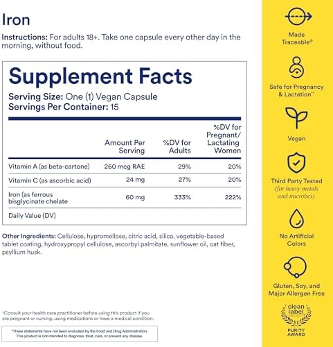 Ritual Iron Bisglycinate Supplement - 60mg - Gentle Support for Women with Low Iron Levels & Blood Boosting** - 48-Hour Dosing Routine - Plus Vitamin A, C - Vegan - Citrus - 15 Capsules - 15 Servings