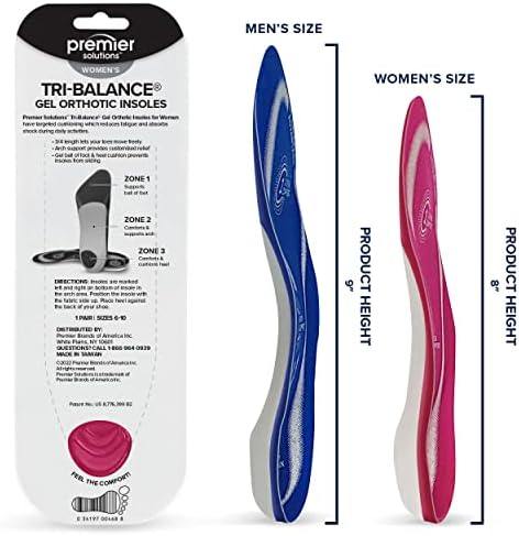 Premier Solutions™ Tri-Balance Gel Orthotic Insoles for Women, 3/4 Length Insoles for Women’s Shoe Sizes 6-10, (Pack of 3)