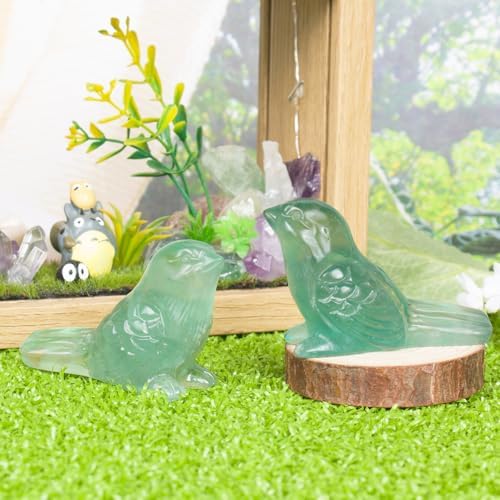 Fluorite Crystal Bird Carving Hand Carved Gemstone Bird Figurine 2.4 Inch Polished Animal Sculpture Healing Stone Home Office Desk Decoration Gift Collection