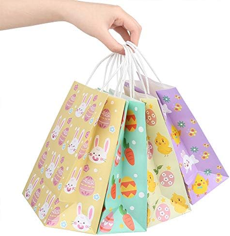 CCINEE 12PCS Easter Gift Bags,Bunny Kraft Paper Treat Bags with Handles Egg Chick Candy Bag for Kids Party Gift Wrapping
