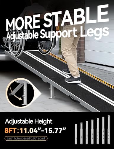 FACHNUO 8 Feet Portable Wheelchair Ramp, Non-Skid Aluminum Handicap Ramps with Handle, Folding Threshold Wheel Chair Ramp for Home Steps, Stairs, Entry, Threshold, Doorways, Scooter, 800LBS Capacity