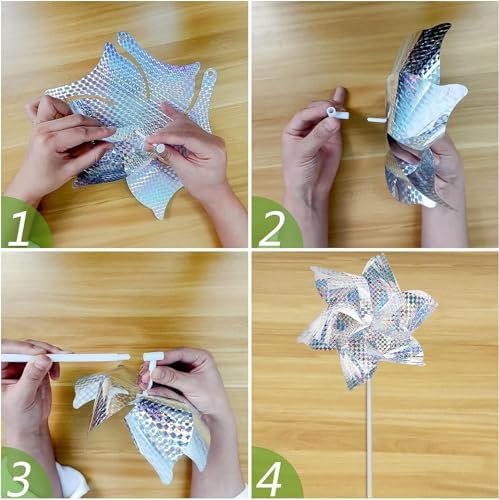 10 Pack Reflective Pinwheels for Garden Yard - Sparkly Silver Bird Deterrent Devices for Outside - Humane Woodpecker, Pigeon & Goose Repellent Wind Spinners - Decorative Mylar Pin Wheels with Stakes