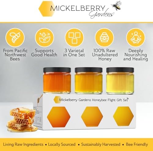 Mickelberry Gardens Honeybee Flight Gift Set – 3 Jar Honey Flight (3 × 3 oz) Featuring Wildflower & Blackberry Honeys – Pure, Local, Raw, Ready to Gift – Made in the USA