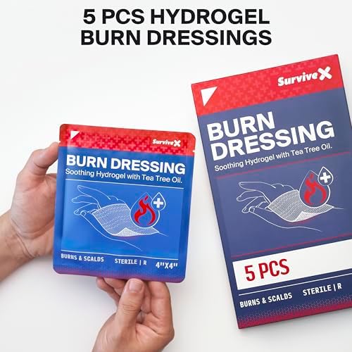 SurviveX Hydrogel Burn Dressings with Tea Tree Oil - 4x4" Sterile Non-Stick Burn Pads - Emergency First Aid for Instant Cooling, Soothing & Relief - 5 Pack