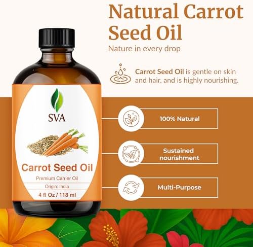 SVA Carrot Seed Oil - 4 Fl Oz – 100% Natural Cold Pressed Carrot Oil - for Face, Skin Care, Hair Care, Scalp Massage & Body Massage – Carrier Oil with Dropper