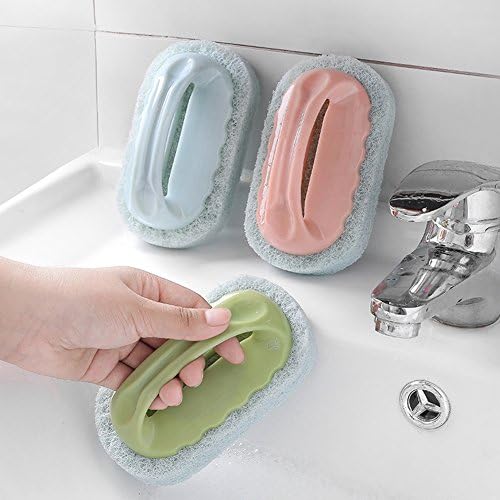 Baost Plastic Handle Sponge Brush Wall Tile Glass Cleaning Sponge Scouring Pad Dish Wand Sponge Washing Scrubber for Kitchen Bathroom Tile, Shower Bathtub Scrubber, Pool Cleaning Pink