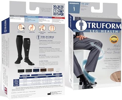 Truform Compression Socks, 15-20 mmHg, Men's Dress Socks, Knee High Over Calf Length, Black, Large