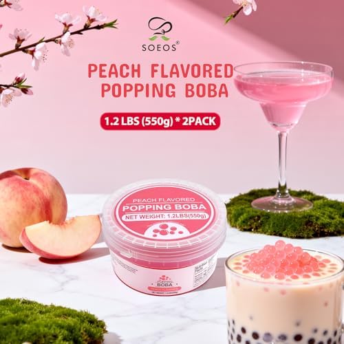 Soeos Peach Popping Boba,1.2lbs (550g) Pack of 2, Bursting Peach Flavor Pearls for Bubble Tea, Desserts, and Drinks