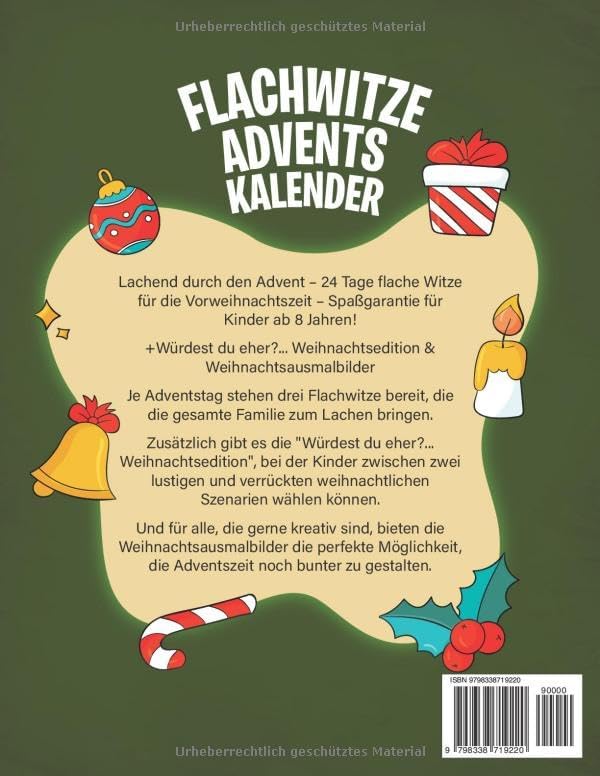 Flachwitze Adventskalender: Lachend durch den Advent – 24 Tage flache Witze für die Vorweihnachtszeit – Spaßgarantie für Kinder ab 8 Jahren! (German Edition)