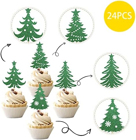 24 PCS Christmas Tree Cupcake Toppers with Star Green Glitter Christmas Tree Cupcake Picks for Merry Christmas Theme New Year Holiday Baby Shower Kids Birthday Party Cake Decorations Supplies