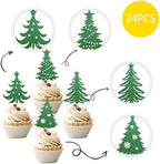24 PCS Christmas Tree Cupcake Toppers with Star Green Glitter Christmas Tree Cupcake Picks for Merry Christmas Theme New Year Holiday Baby Shower Kids Birthday Party Cake Decorations Supplies