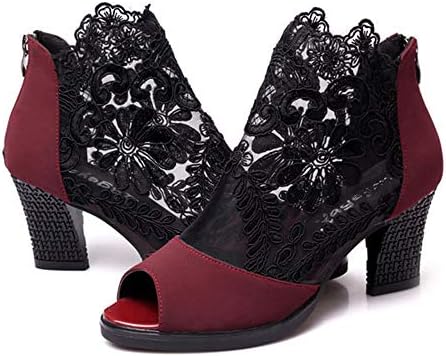 Women's Flowers Lace Fish Mouth Open Toe High Heels Sandals with Back Zipper Cutout Breathable Non-Slip Block Heeled Ankle Bootie Sandals Fashion Wedding Party Dress Shoes