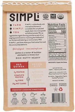 SIMPLi Regenerative Organic Certified Red Quinoa, Organic Quinoa Ancient Grain, Naturally Gluten-Free and High in Fiber, Complete Plant Protein with Rich Nutty Flavor, 12 OZ