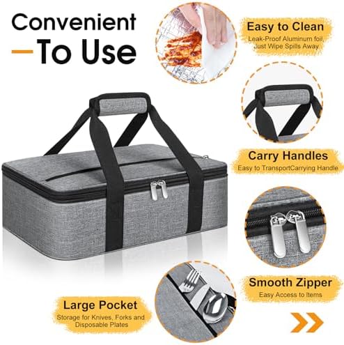 Insulated Casserole Carrier, Portable Casserole Carrier for Hot or Cold Food Lunch Tote Warmer or Cooler Bag, Lasagna Lunch Bag for Potluck Parties- Fits 9" x 13" Baking Dish-Grey