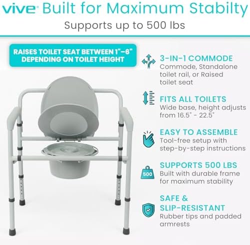 Vive Bariatric Bedside 3-in-1 Commode 500 lb Capacity - Portable Folding Toilet Chair - Adjustable Height, Extra Wide Seat - Bucket Splash Guard Heavy Duty Adult Bathroom, Pail Fits Standard Liner Bag