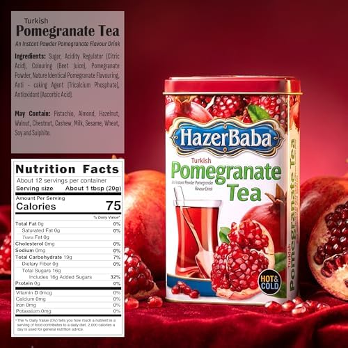 Hazer Baba Instant Drink Mix with Pomegranate Flavor, 8.8oz (Pack of 1), Fruity Natural Powder, Caffeine-Free, Quick Hot or Cold, Water Enhancer, Tin Box, Juice, Vegan, Kosher, Halal