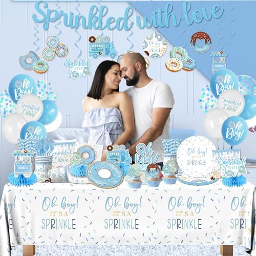Baby Sprinkle Decorations for Boy,Blue Sprinkled with Love Party Plate,Napkin,Cup,Cake Topper Donut Baby Shower Decorations for Baby Boy Sprinkle Party Supplies Serves 24