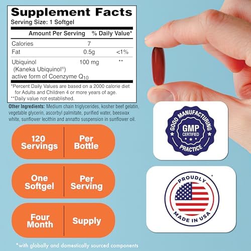 Health Thru Nutrition Ubiquinol 100mg 120 Softgels as Kaneka QH Reduced CoQ-10 | Stabilized - 3rd Party Tested | Enhanced Bioavailability | Cardiovascular & Mitochondria Function Support | Non-GMO