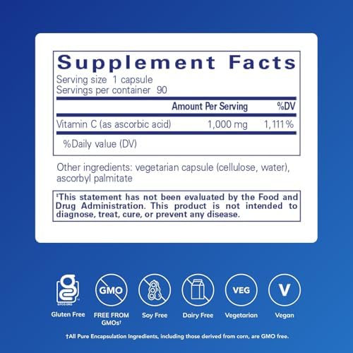 Pure Encapsulations Ascorbic Acid Capsules - 1,000 mg Vitamin C - Antioxidant & Immune Support* - High-Potency Vitamin C - Vegan & Non-GMO - 90 Capsules