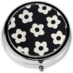 Pill Box 3 Compartment Pocket Cute Small Pill Organizer Mini Metal Pill Holder Travel Portable for Woman Old People and Children - White Flower