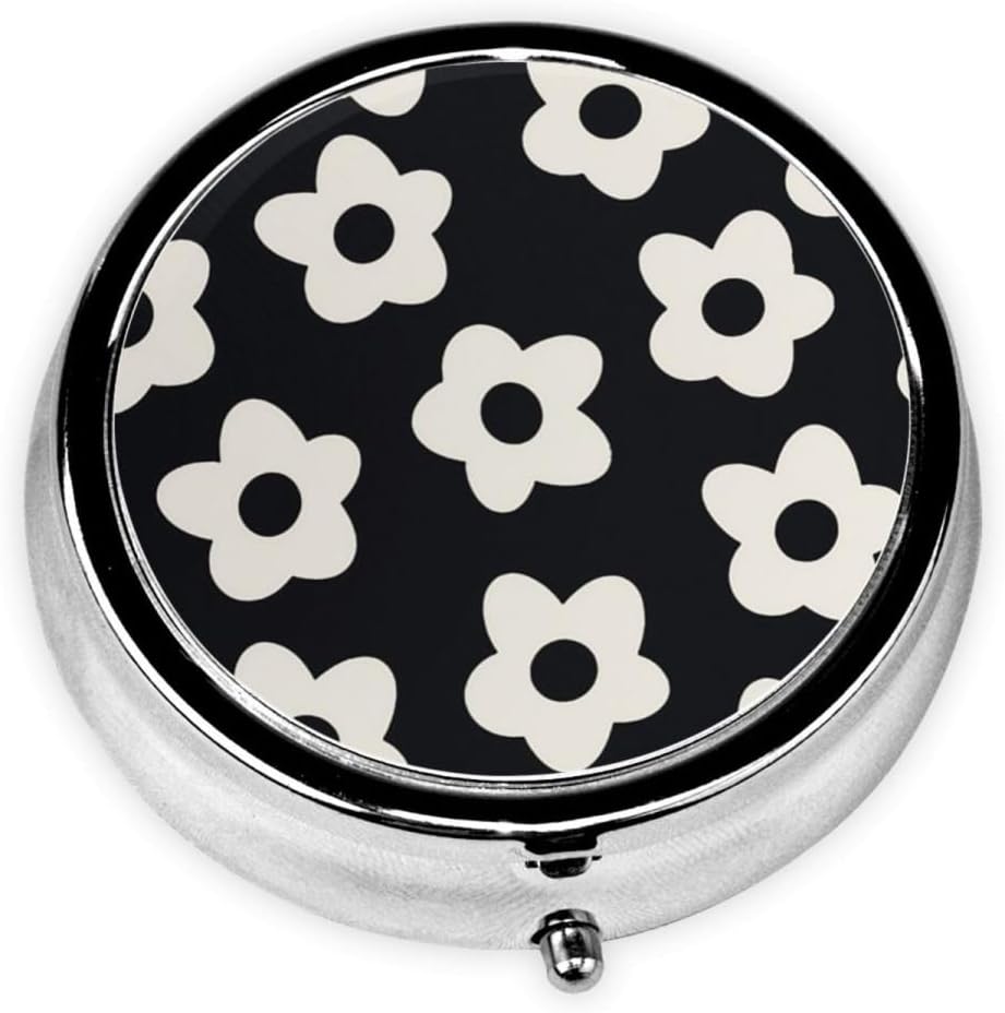 Pill Box 3 Compartment Pocket Cute Small Pill Organizer Mini Metal Pill Holder Travel Portable for Woman Old People and Children - White Flower
