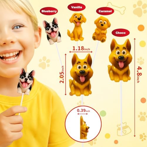 Puppy-Shaped Lollipops Individually Wrapped 24 Count, Human-Grade Pet-Themed Candy For People - Golden Retriever, French Bulldog, Labrador Puppy, German Shepherd Dog - Pet-Shaped Handmade Candy Sucker