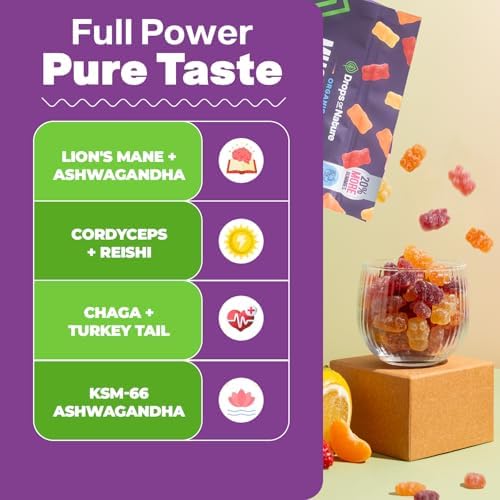 Drops Of Nature Lions Mane & Ashwagandha Gummies – Turkey Tail, Maitake, Reishi, Chaga, Shiitake, Cordyceps – Organic, Low Carb Superfood Gummies – 8 in 1 Mushroom Blend (Mixed Fruit, 80 Gummy Bears)