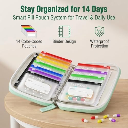 Waterproof Pill Pouch Set-14Pcs Bags Inside, Zipper Pill Case with 14 Day Zipper Pouches Organizer Travel Medicine Weekly Vitamin Medication Reusable Portable Large Holder Daily Container(Black)