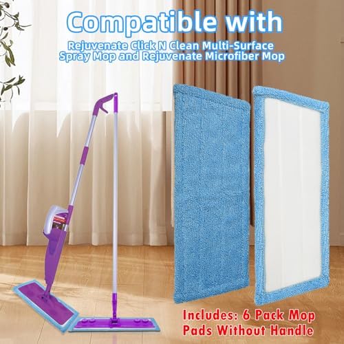 6 Pack Reusable Microfiber Pads for Rejuvenate Microfiber Mop, Compatible with Rejuvenate Click N Clean Multi-Surface Spray Mop, Machine Washable Microfiber Pad Refill for All Floors Without Handle